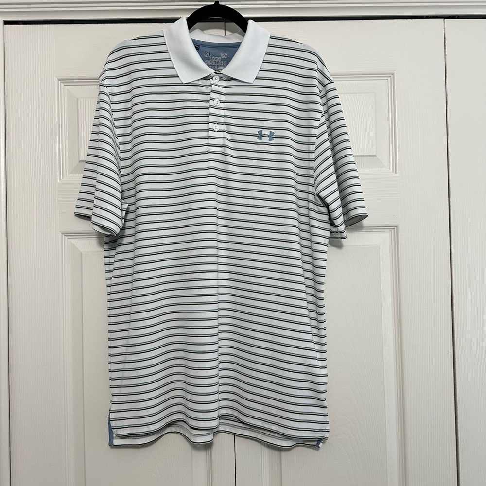 Under Armour HeatGear Loose Fit Performance Polo Shirt White & Stripes Large GUC